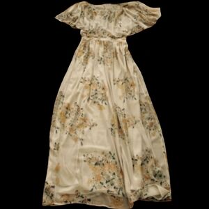 Long 70s 80s Retro Hippie Gown Floral Flowy Maxi Dress Cream Pink Flower Child